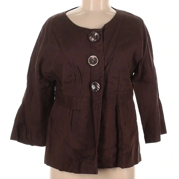 Tweeds Brown 100% Linen 3/4 Sleeves Neutral Button Front Cropped Blazer Size L - Picture 1 of 8